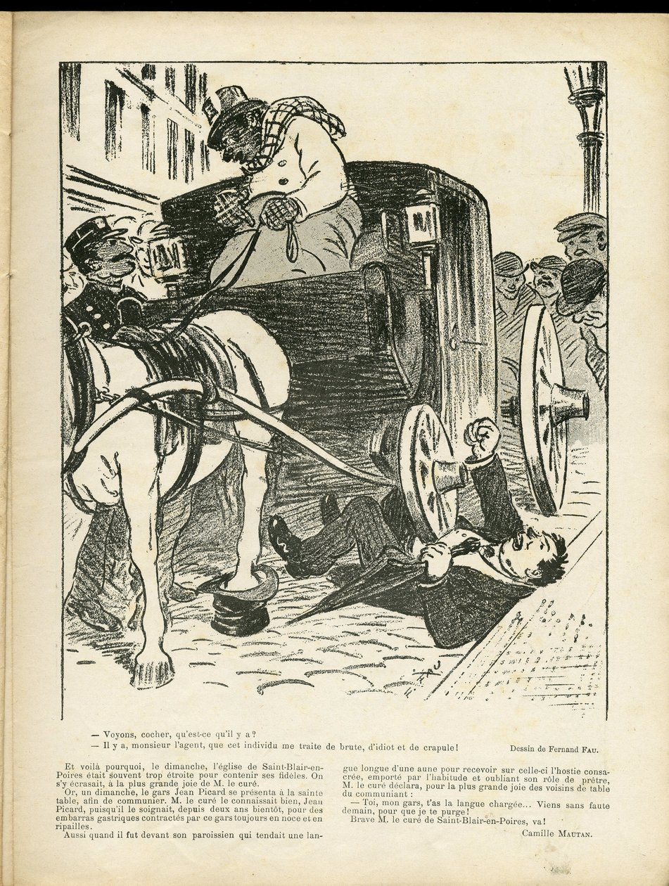 Illustratie van Fernand Fau (1858-1919) in Le Rire, 29/02/08 - Beroepen, Transport, Rampen, Koets Fiacre Cab - Koetsiers Fiacres door Fernand Fau