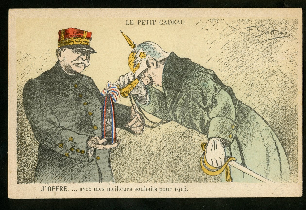 Ansichtkaart, Satirisch in kleuren, ca. 1914: Een klein geschenk dat ik aanbied met mijn beste wensen voor 1915 - Oorlog van 14-18, Kanonnen, granaten - William II, Joffre Illustratie door Gottlob (1873-1935) door Fernand Louis Gottlob