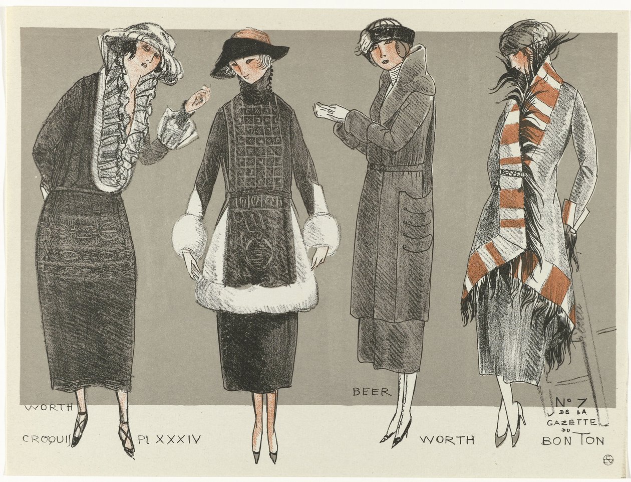 Gazette du Bon Ton, 1920 - No. 7, Croquis Pl XXXIV: Worth / Beer / Worth door Fernand Siméon