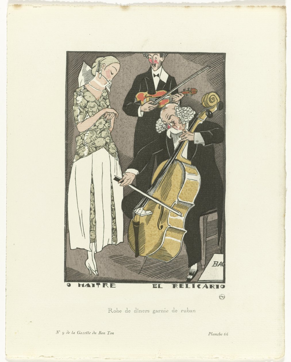 Gazette du Bon Ton, 1920 - No. 9, Pl. 66: O Maitre el Relicario / Avondjurk versierd met lint door Fernand Siméon