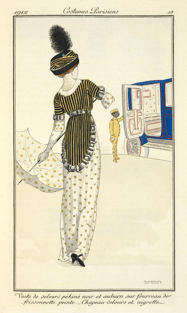 Veste de velours pékinois noir et auburn sur fourreau de frissonnette peinte. Chapeau velours et aigrette door Fernand Siméon