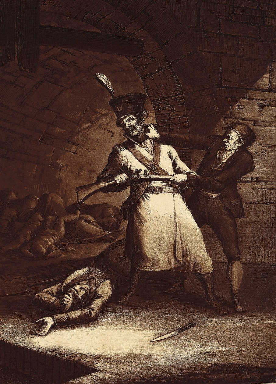 Jose de la Hera komt in opstand tegen een van de soldaten van het Napoleontische leger, ca. 1812-13 (ets) door Fernando Brambila
