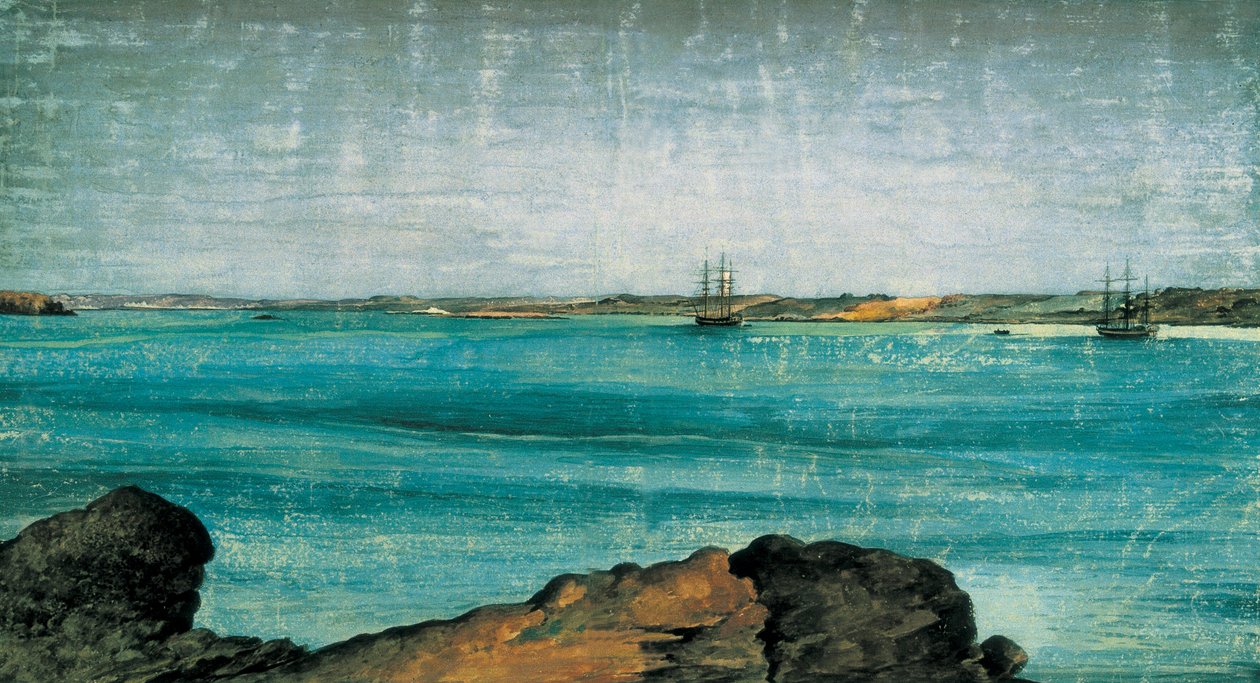 Puerto Deseado, detail. Stad en vissershaven van Patagonië, in de provincie Santa Cruz in Argentinië. Tekening Fernando Brambila, Madrid. Maritiem museum. door Fernando Brambila
