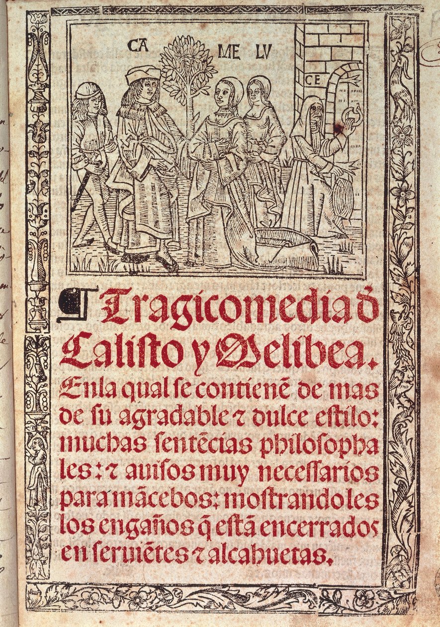 Miniatuur op perkament op de omslag van de Celestina of Tragicomedia de Calisto y Melibea, Spaans manuscript door Fernando de Rojas, gepubliceerd in 1531 door Fernando de Rojas
