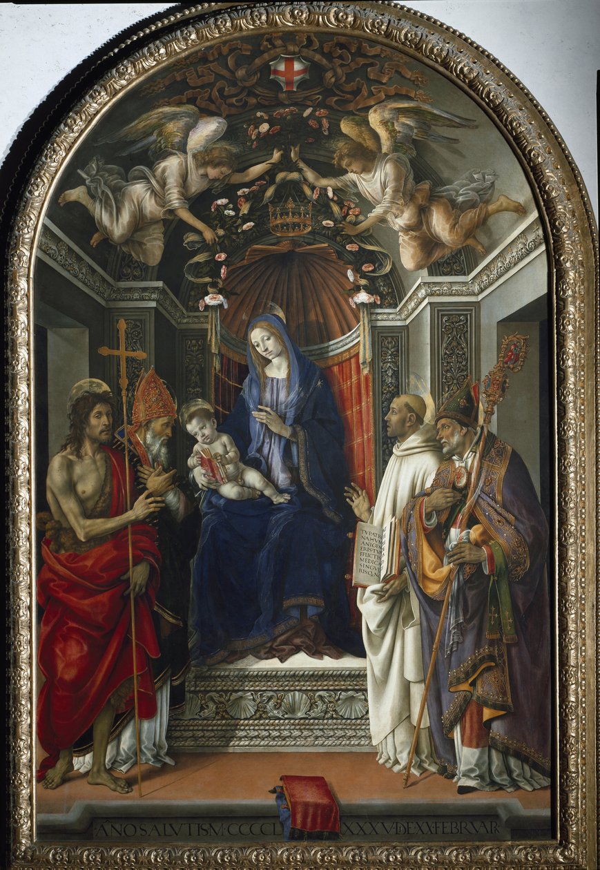 Madonna met het kind omringd door de heiligen Johannes de Doper, Victor, Bernardus van Clairvaux en Sint Zenobius door Filippino Lippi
