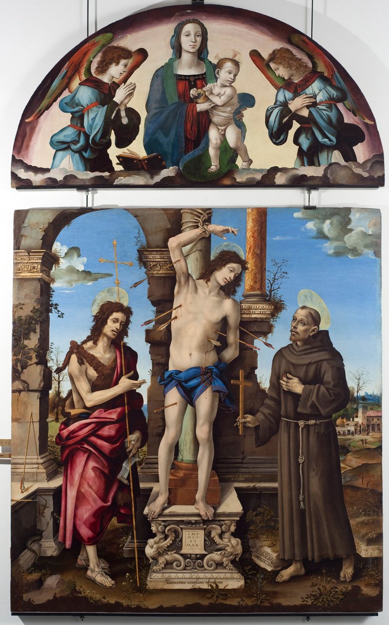Sint Sebastiaan omringd door Sint Jan de Doper en Sint Franciscus van Assisi Centraal paneel. Boven maagd met kind door Filippino Lippi
