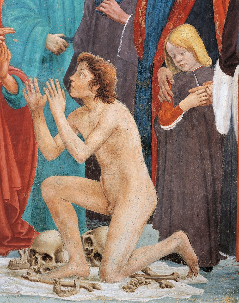 Zoon van Theophilus, detail van De Opstanding van de Zoon van Theophilus, door Tommaso Masaccio, fresco door Filippino Lippi