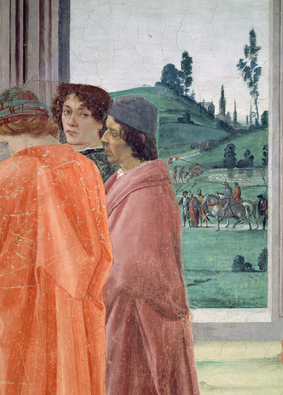 Het geschil met Simon Mago, en de kruisiging van St. Peter, detail van drie figuren die de kruisiging bekijken, centraal portret vermoedelijk van Filippino
