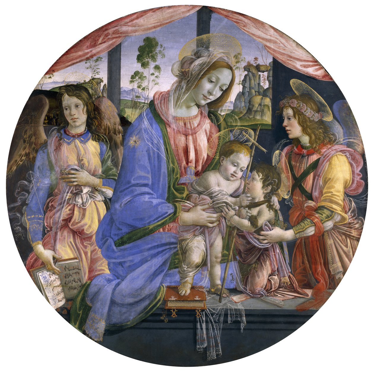 De Madonna en het kind met de jonge St. Johannes en twee engelen, midden jaren 1480 door Filippino Lippi