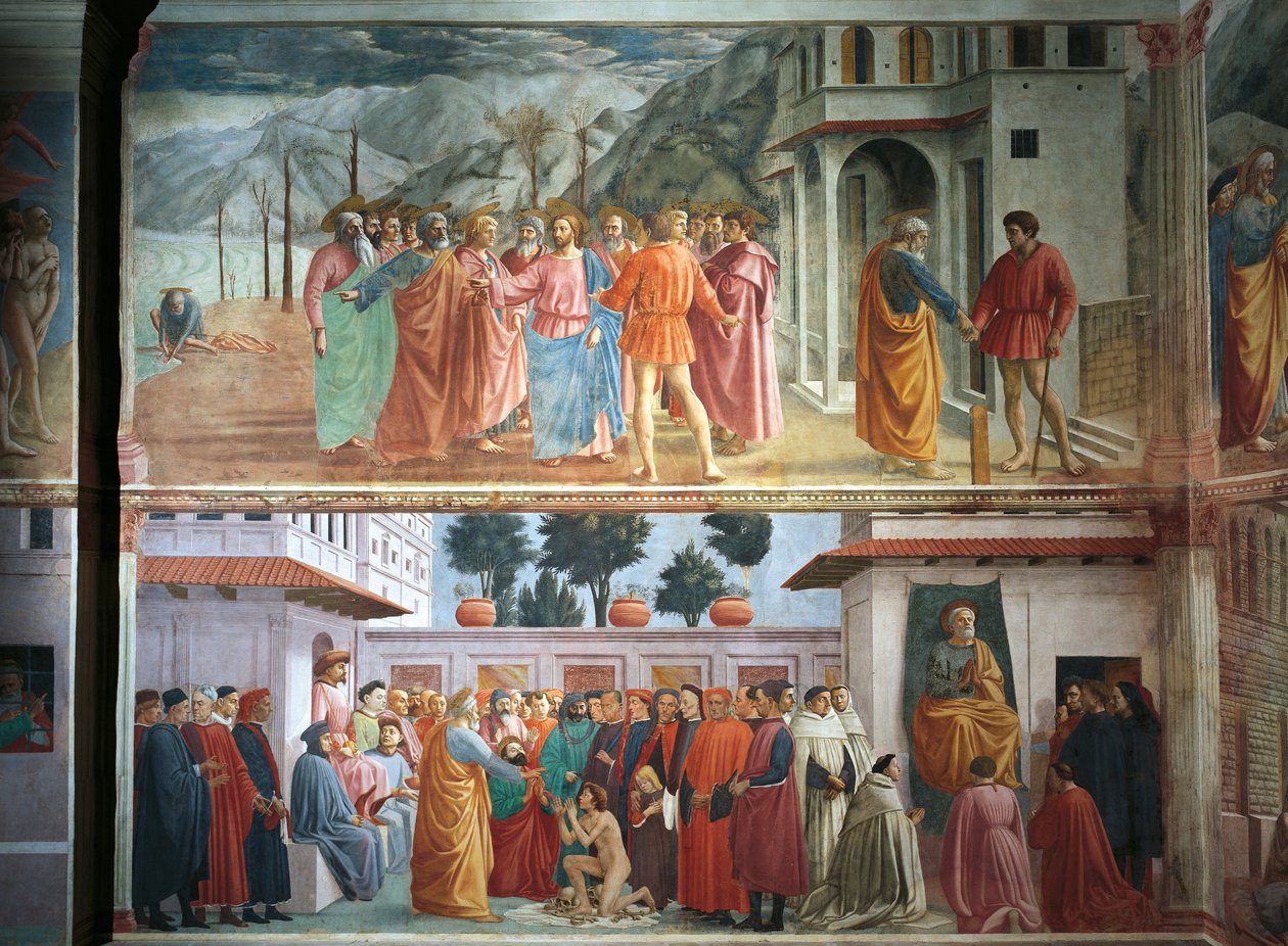 De belastingpenning, door Tommaso Masaccio, De opwekking van de zoon van Theophilus en Sint-Pieter op de troon, door Tommaso Masaccio en Filippo Lippi, fresco