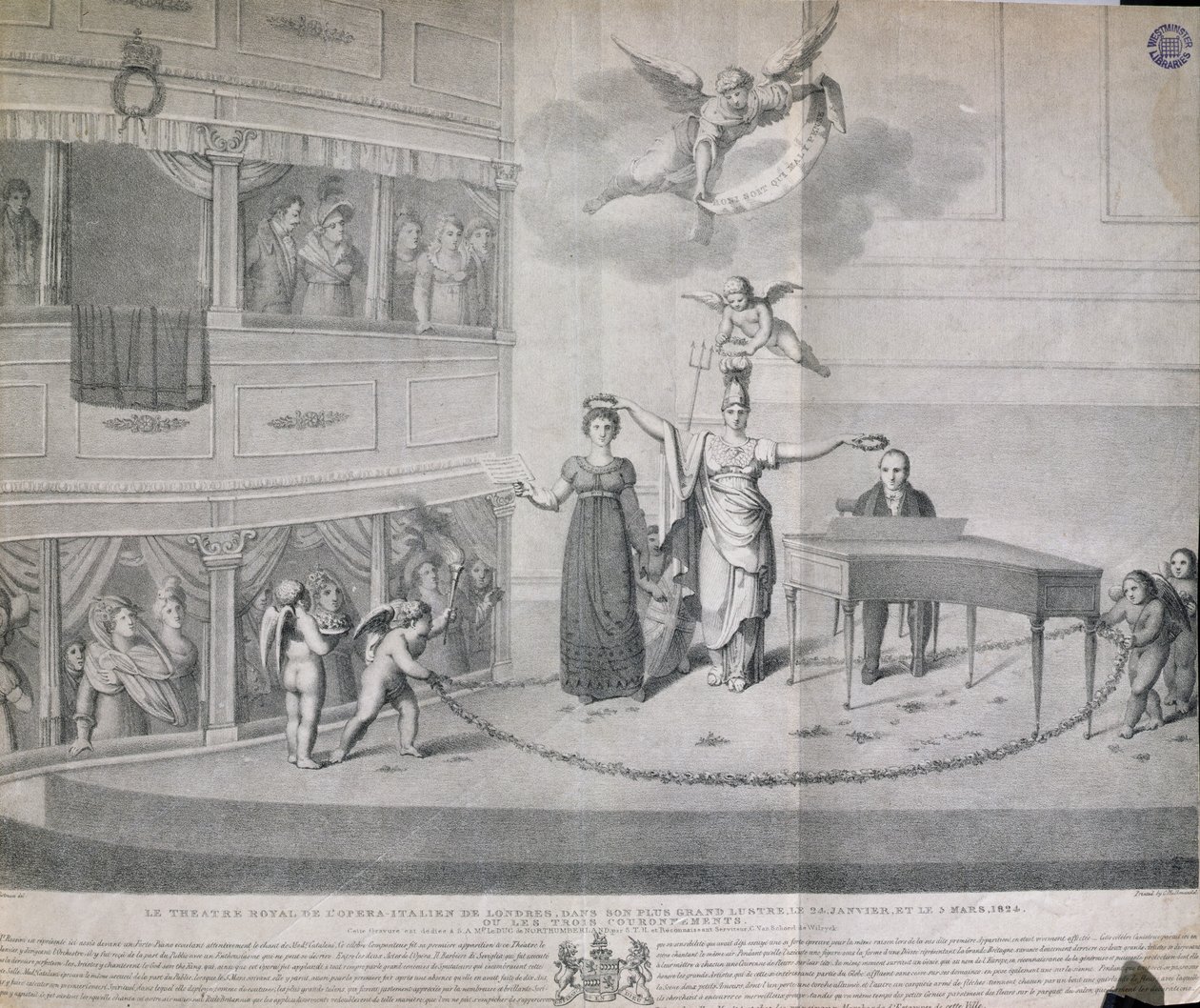 Het Theatre Royal van de Italiaanse Opera in Londen in zijn grootste glans op 24 januari en 3 maart 1824, of De Drie Kroningen, gedrukt door Charles Hullmandel, 1824 door Filippo Pistrucci