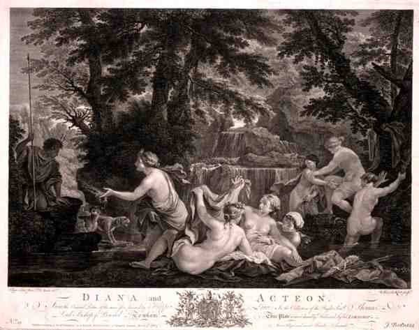 Diana en Acteon, gegraveerd door William Woollett (1735-85), uitgegeven door J. Boydell door Filippo (after) Lauri