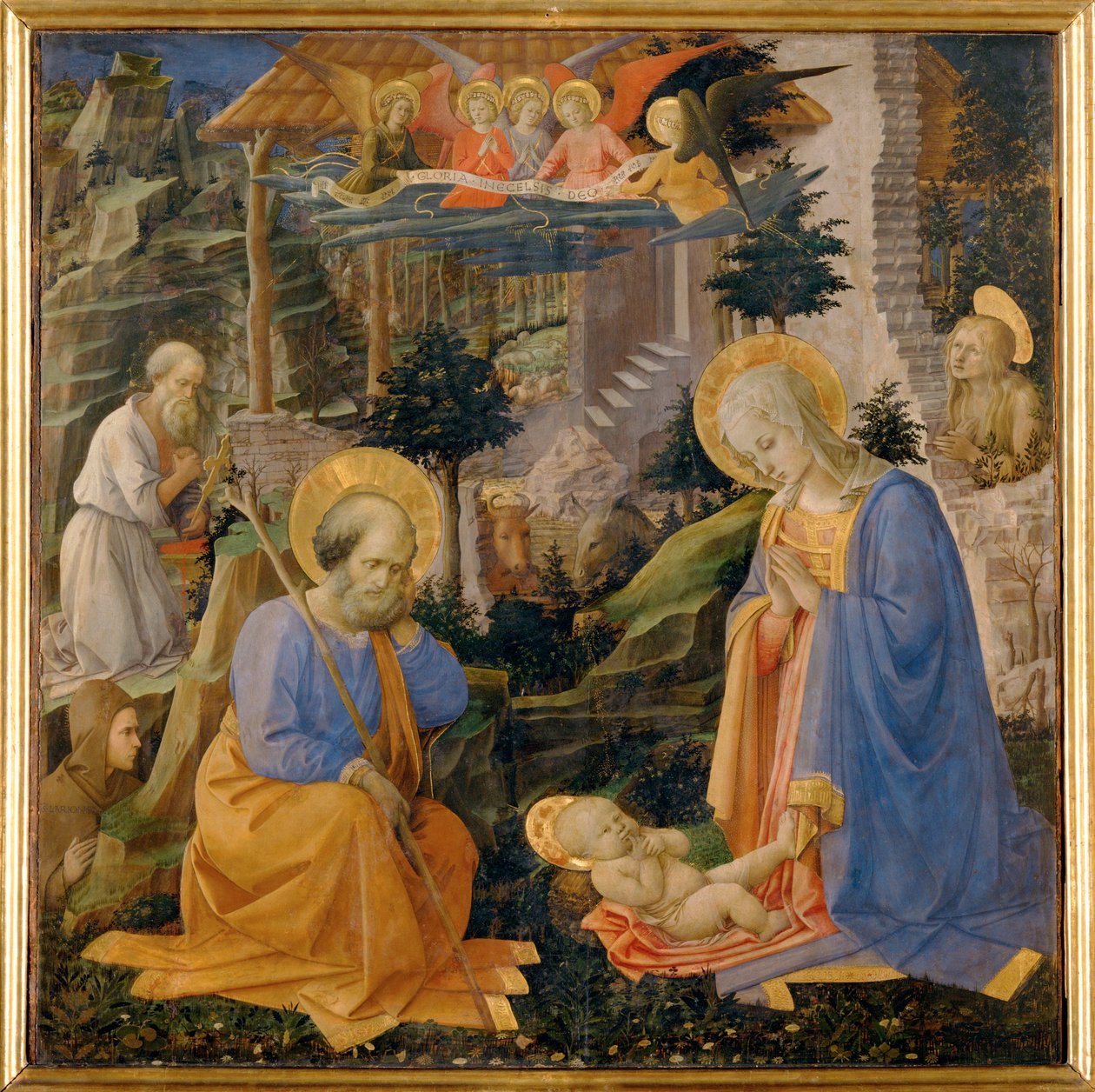 Aanbidding van het Kind, met de heilige Hilarion en
engelen ... (tempera op hout) door Filippo (workshop of) Lippi