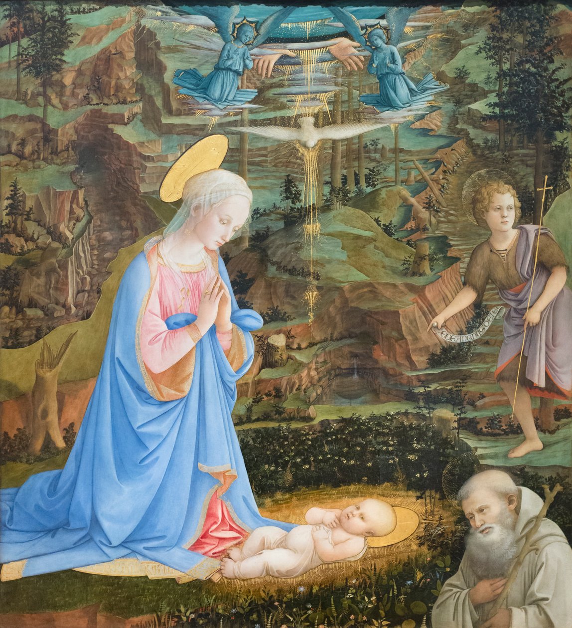 Aanbidding van het Kind met de jonge Sint Johannes de Doper, Sint Romualdus door Filippo Lippi