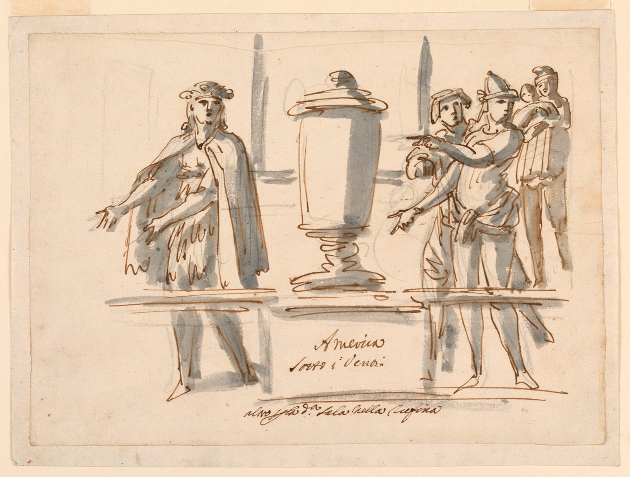 Tekening, Allegorie op Amerika, Decoratie voor de Salon van kardinaal Falconieri in Frascati, 18e-19e eeuw door Filippo Marchionni