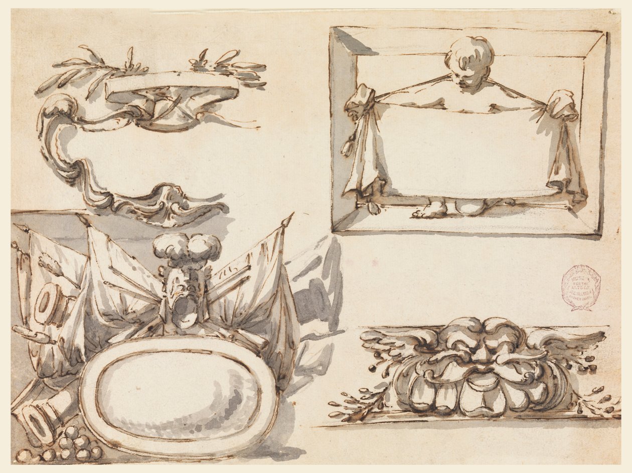 Tekening, Een wapenschild, een trofee, een etiket, een decoratief motief voor een fries, 1750-75 door Filippo Marchionni