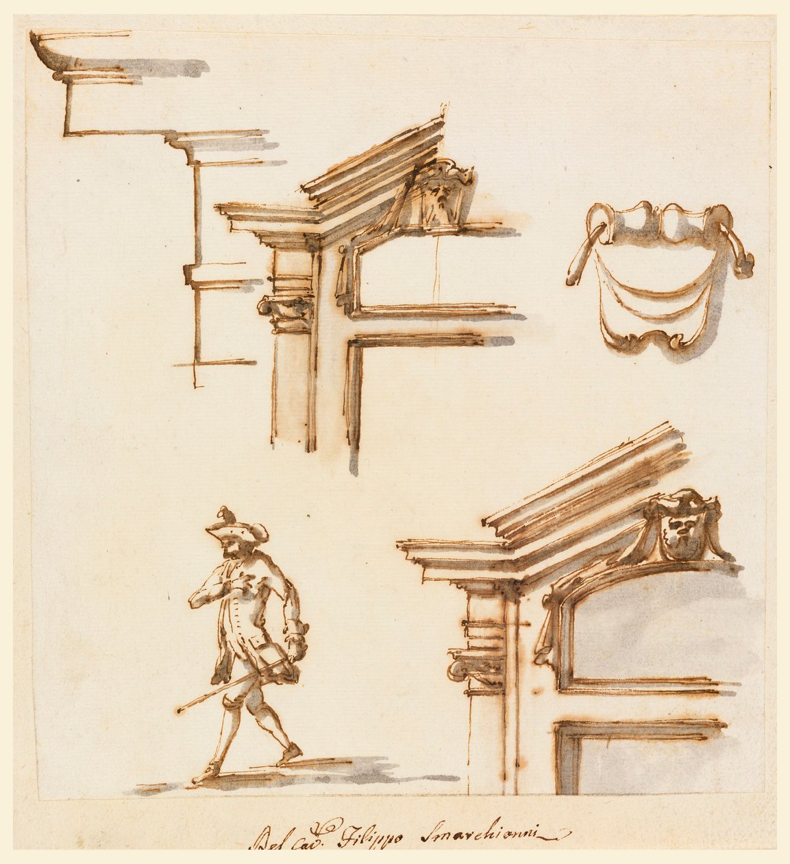 Tekening, architecturale details en figuurstudie, 1760-75 door Filippo Marchionni