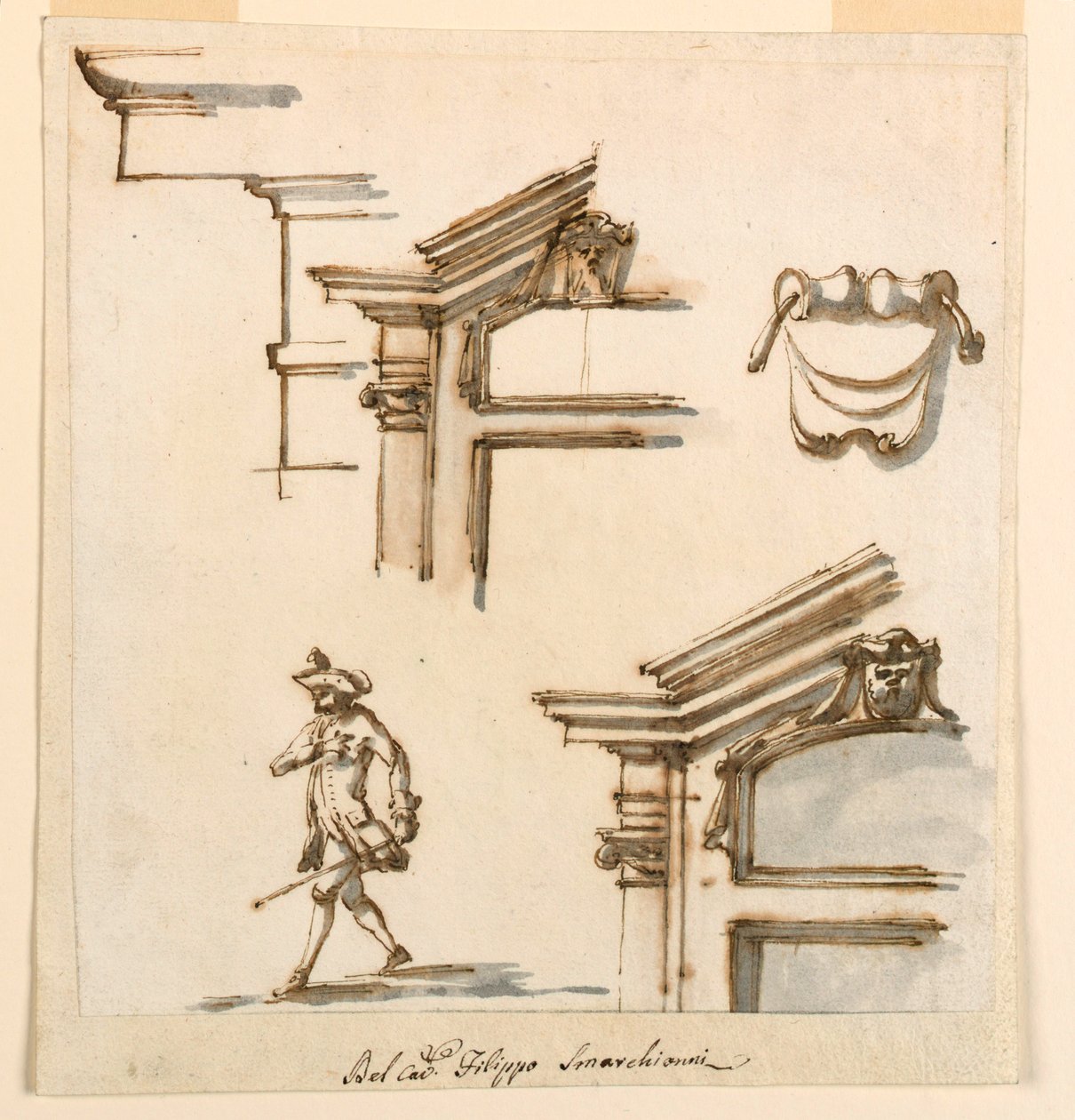 Tekening, architecturale details en figuurstudie, 1760-75 door Filippo Marchionni