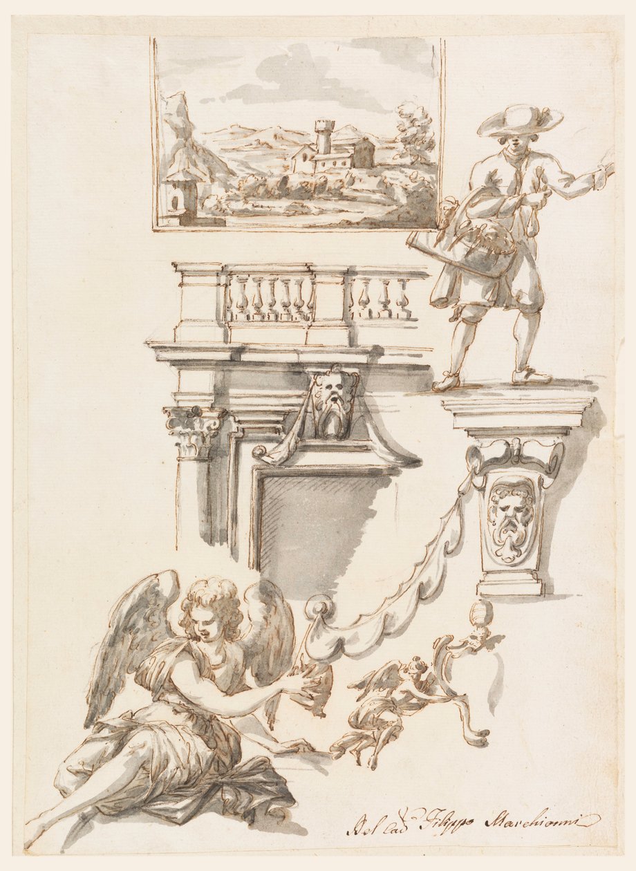 Tekenen, architectuur en figuurstudies, 1750-90 door Filippo Marchionni