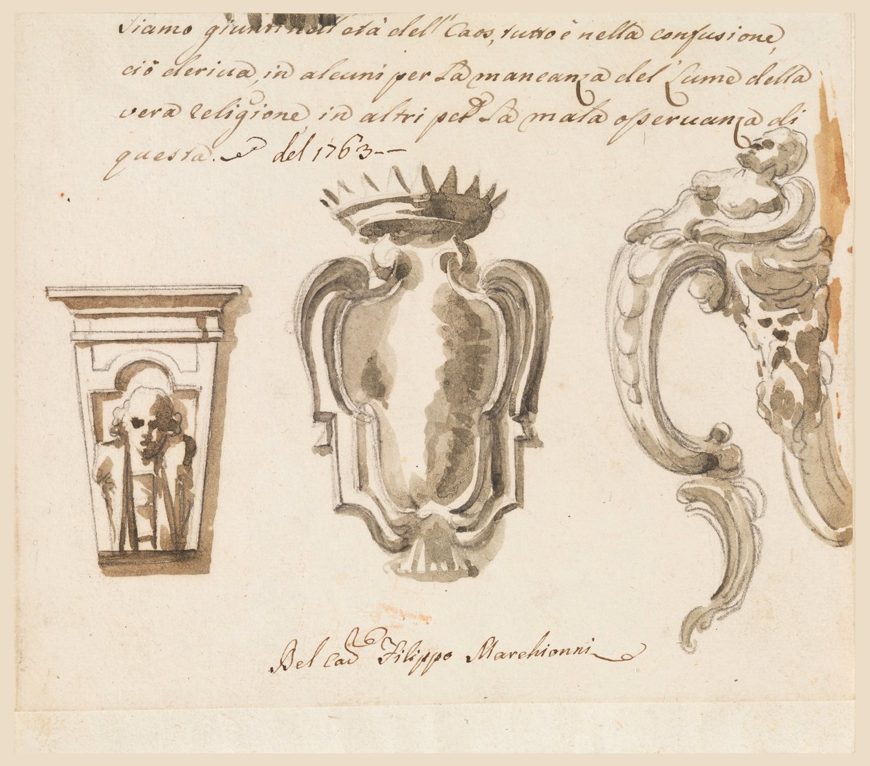 Tekening, Ontwerp voor een console en wapenschild, 1763 door Filippo Marchionni