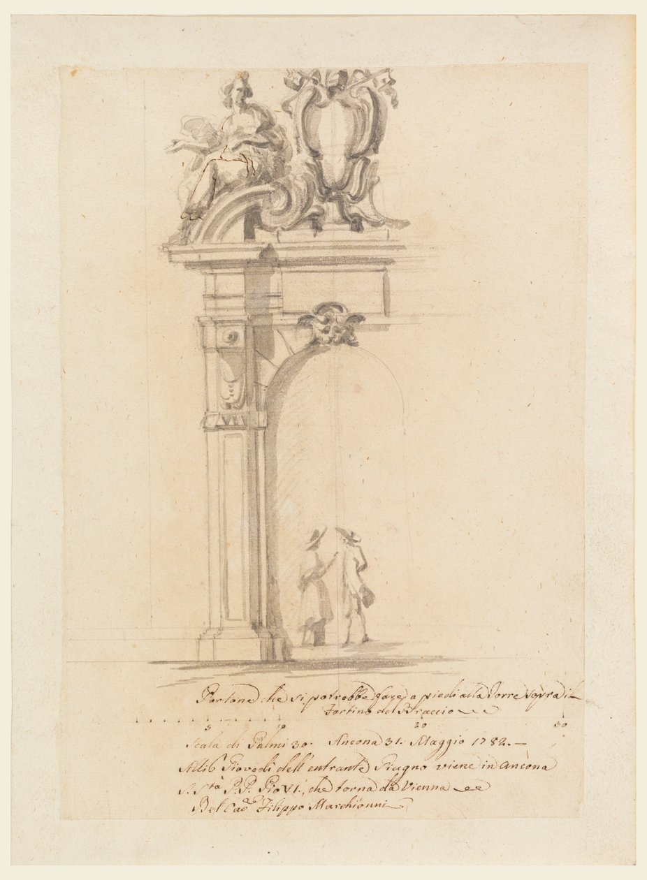 Tekening, Ontwerp voor een poort, voor de ontvangst van paus Pius VI op terugreis uit Duitsland, in Ancona, mei 1782 door Filippo Marchionni