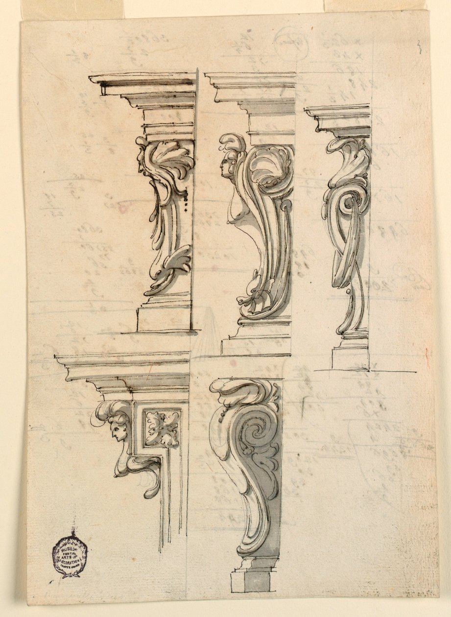 Tekening, Vijf hoekmotieven, ca. 1750 door Filippo Marchionni