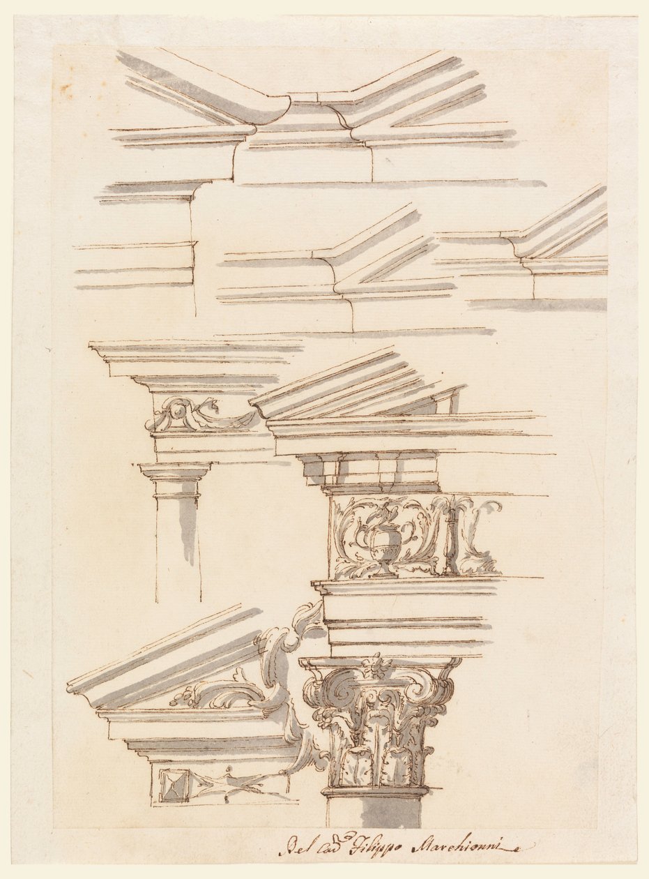 Tekening, Studies voor kroonlijsten en fronton, ca. 1770 door Filippo Marchionni