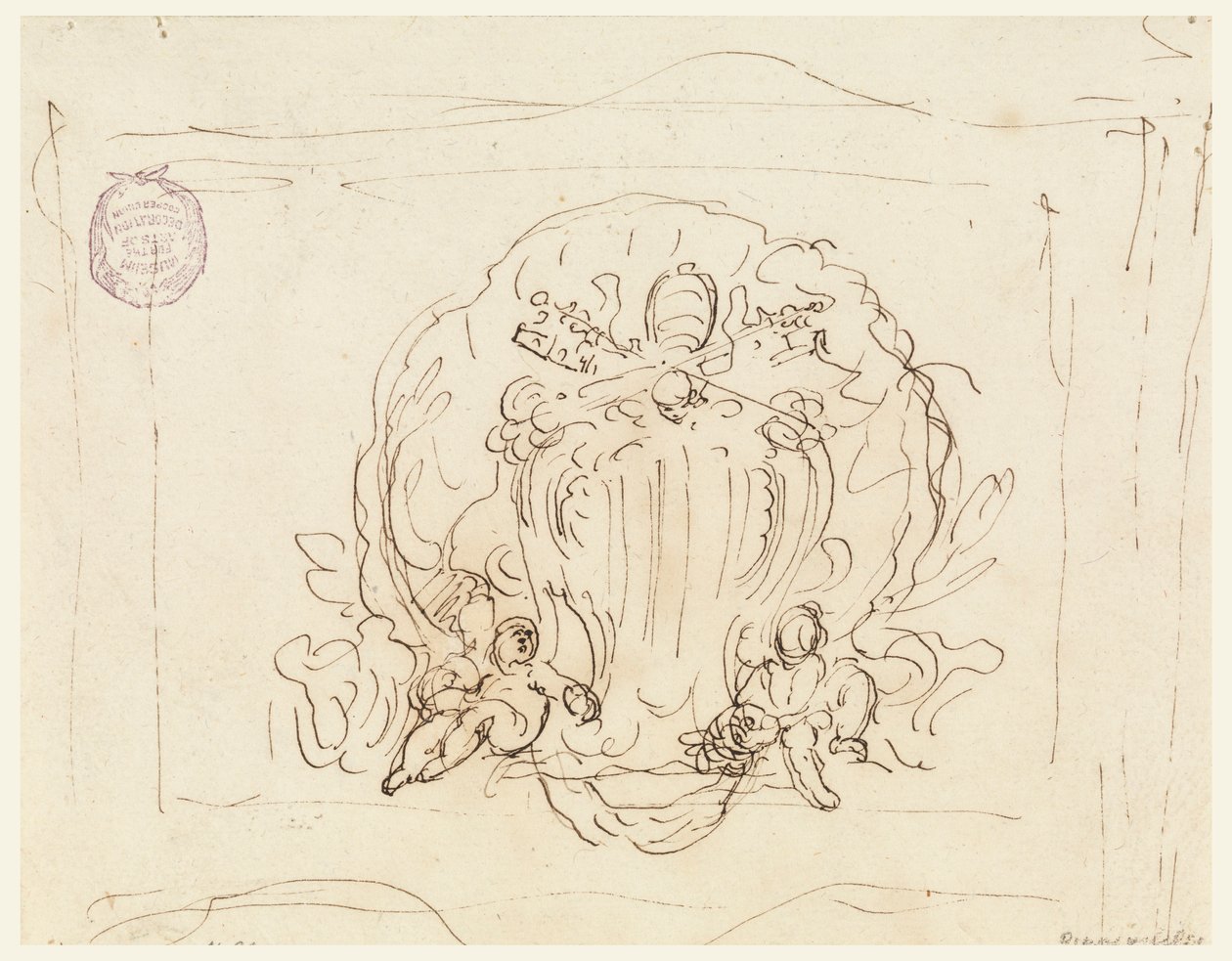 Tekening, Tablet met het wapen van paus Benedictus XIV met schelp als achtergrond, 1740-58 door Filippo Marchionni