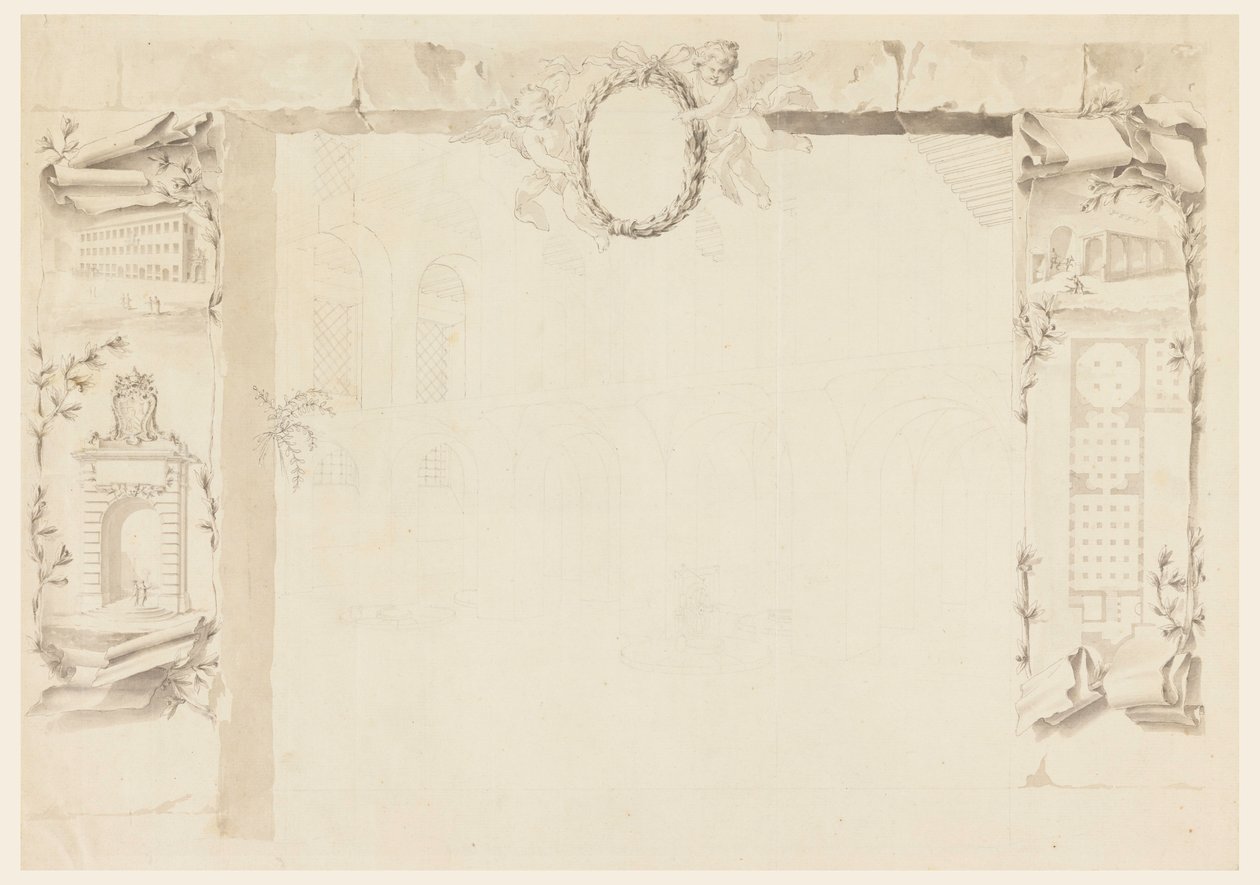 Tekening, onvoltooid ontwerp voor een gedenkblad dat verwijst naar de bouw van een pauselijke fabriek (Magazins van Annona), 1760-69 door Filippo Marchionni