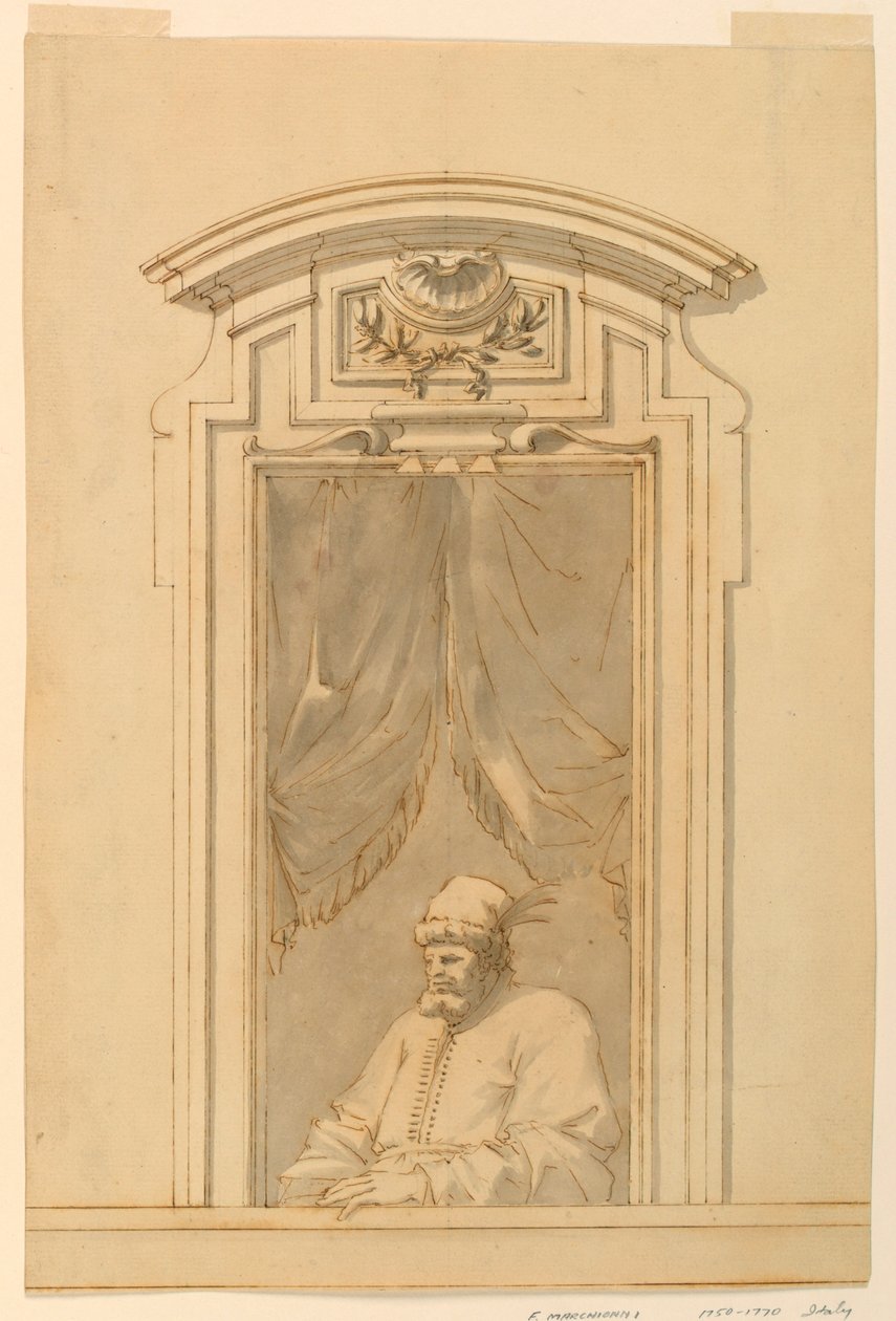 Tekening, Venster en de helft van een figuur van een Turk, 1750-70 door Filippo Marchionni