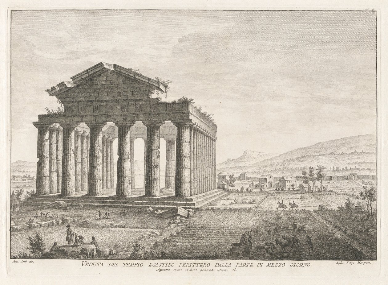 Veduta del tempio esastilo perittero dalla parte di mezzo giorno (Zicht op de Peripterale Hexastyle Tempel vanuit het zuiden), uit Antichità di Pesto (Antiquiteiten van Paestum) door Filippo Morghen