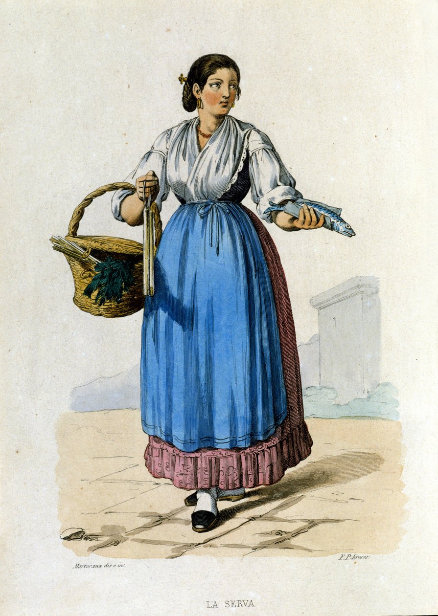 Kleine handel van het Koninkrijk Napels: jonge Napolitaanse dienaar terug van de markt. Gravure naar een schilderij van F. Palizza. Uit een werk van Francesco de Bourcard 