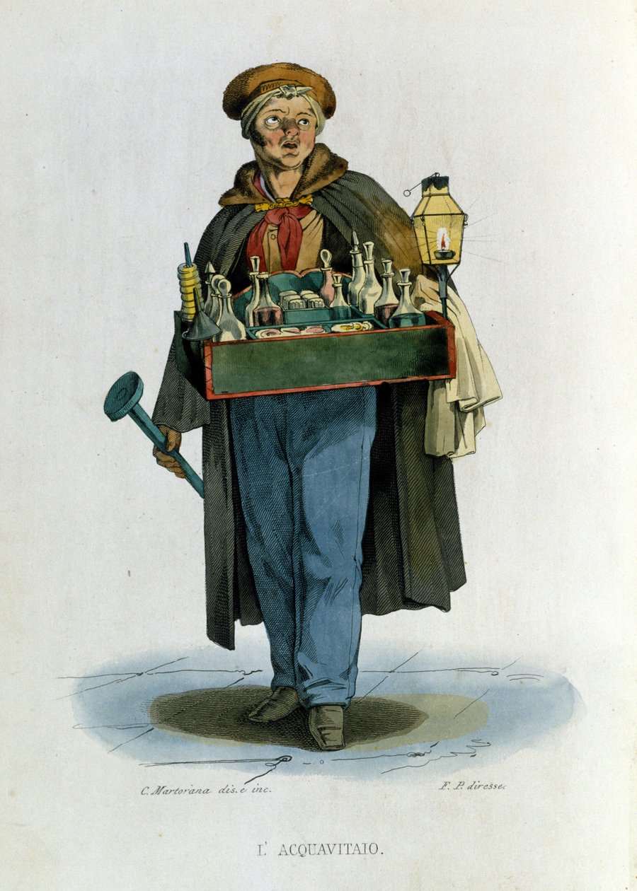 Kleine bedrijven van de stad Napels: een rondreizende brandewijnverkoper. Gravure uit een werk van Francesco de Bourcard 