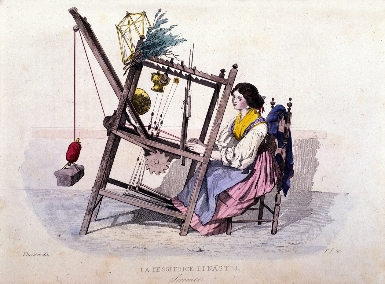 Kleine onderneming van het koninkrijk Napels: jonge vrouw uit Sorrento die linten weeft. Gravure naar een schilderij van F. Palizza. Uit een werk van Francesco de Bourcard "Costumi del regno di Napoli" door Filippo Palizzi