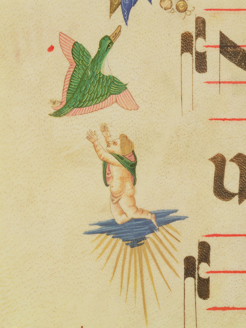 Missaal 515 f.13v Een geklede cherub die probeert een vliegende vogel te vangen, uit een decoratieve rand, detail uit een Koorboek uitgevoerd voor 1449 door Filippo di Matteo Torelli