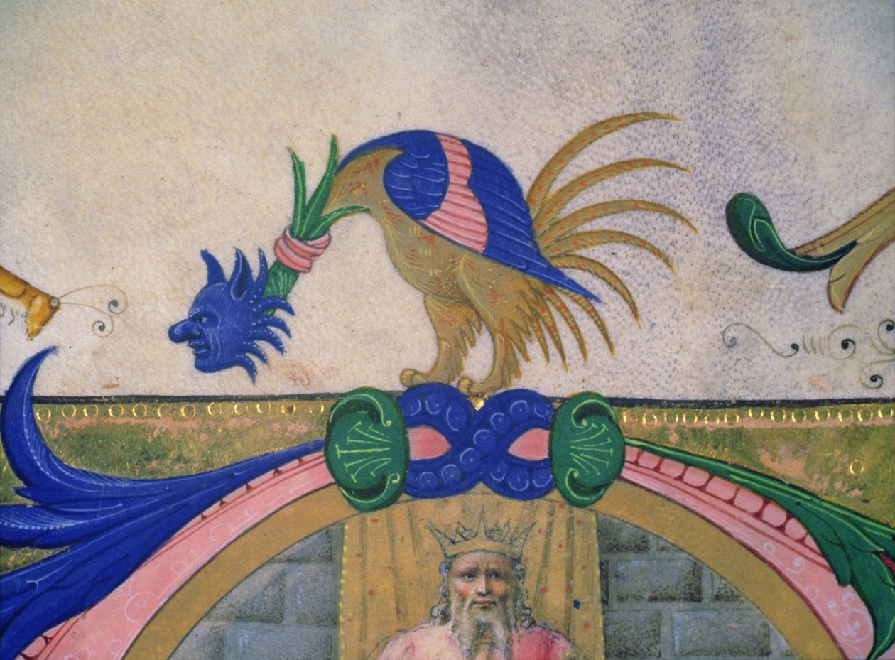 Missaal 515 f.13v Fantastisch tweebenig wezen met menselijk gezicht, detail van decoratieve rand uit een koorboek (detail) door Filippo di Matteo Torelli