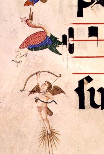 Een cherub schiet een ooievaar met een boog en onzichtbare pijl (detail) door Filippo di Matteo Torelli