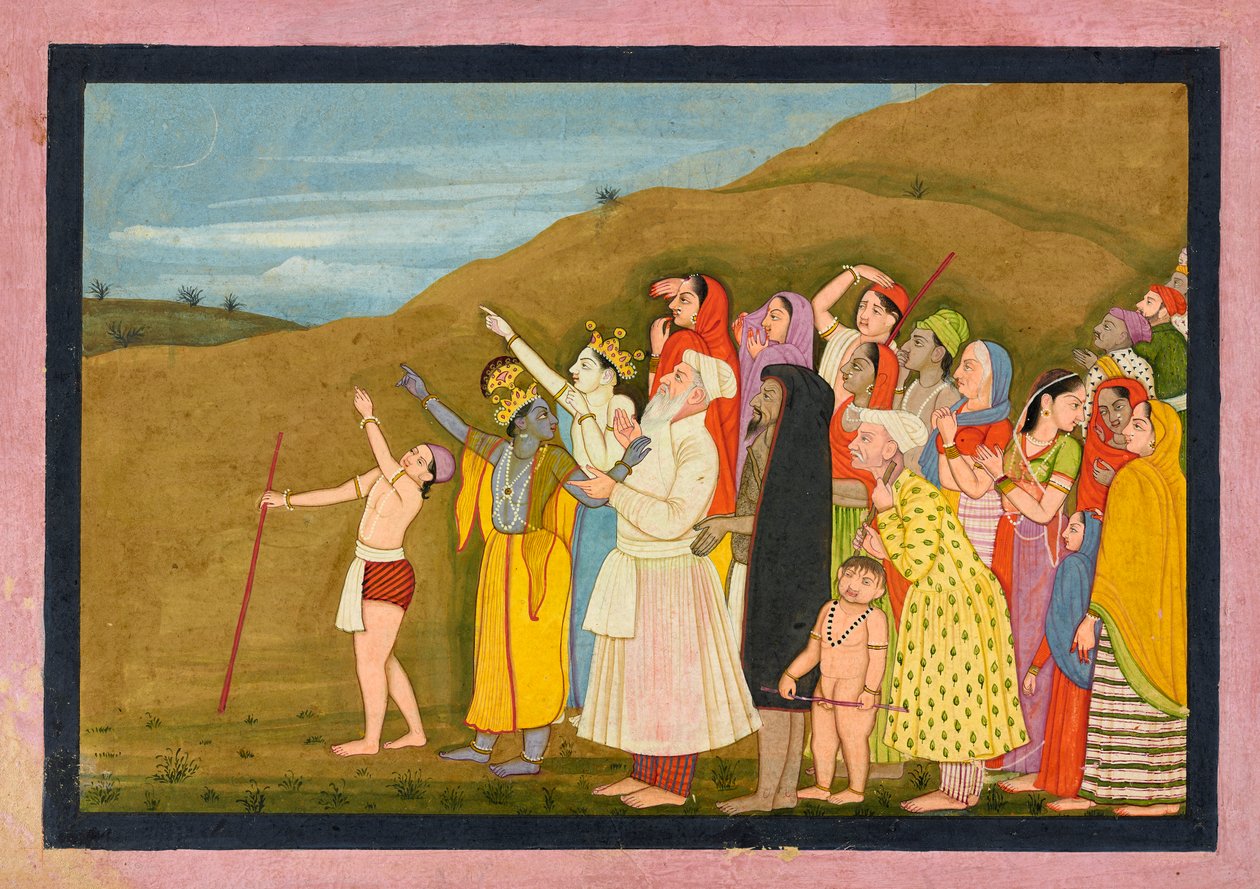 Krishna en zijn familie bewonderen een zonsverduistering, misschien een pagina uit de “Kangra/Modi” Bhagavata Purana door First generation after Nainsukh