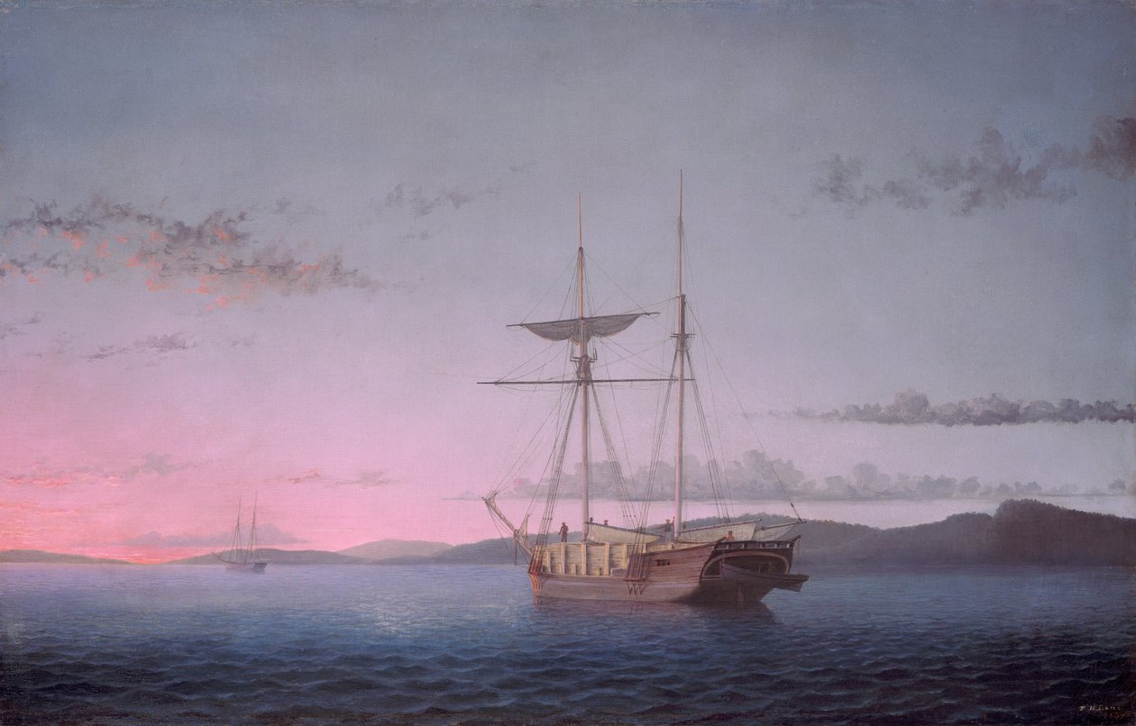 Houtvrachtschepen in de avond op Penobscot Bay door Fitz Henry Lane
