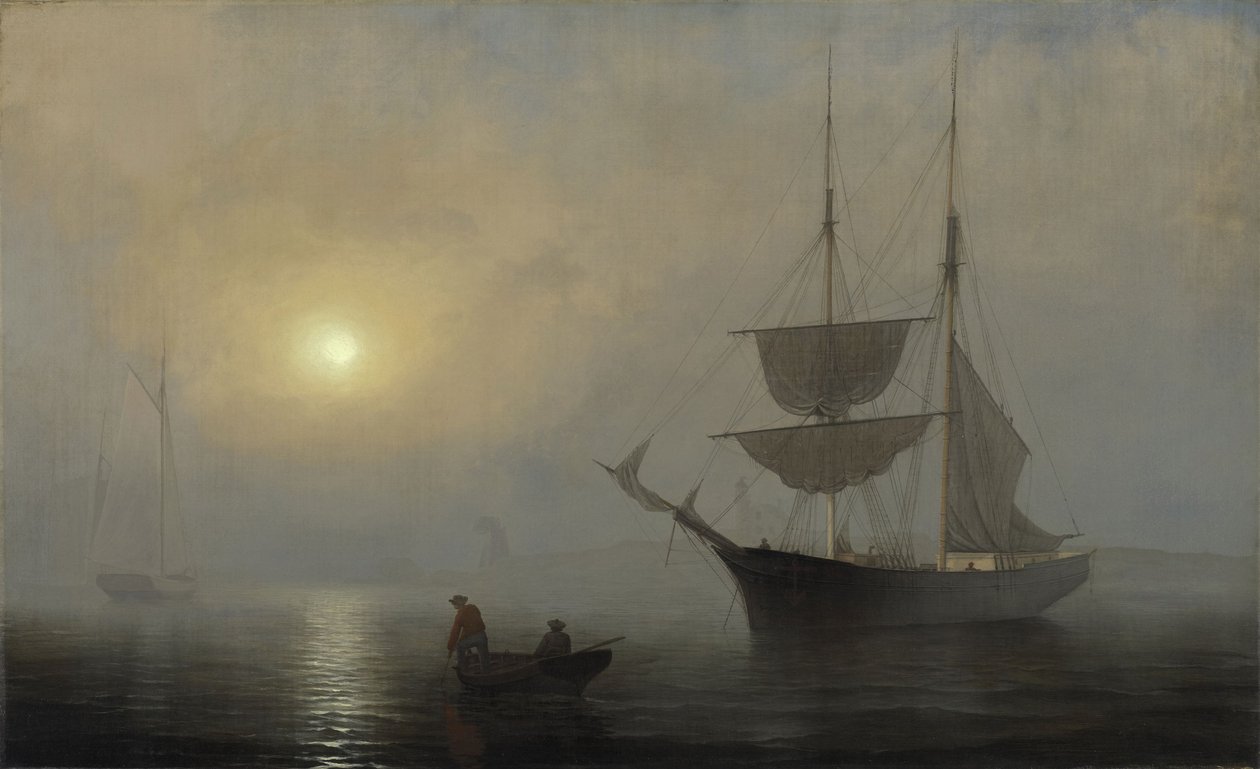 Schip in de mist, haven van Gloucester door Fitz Henry Lane