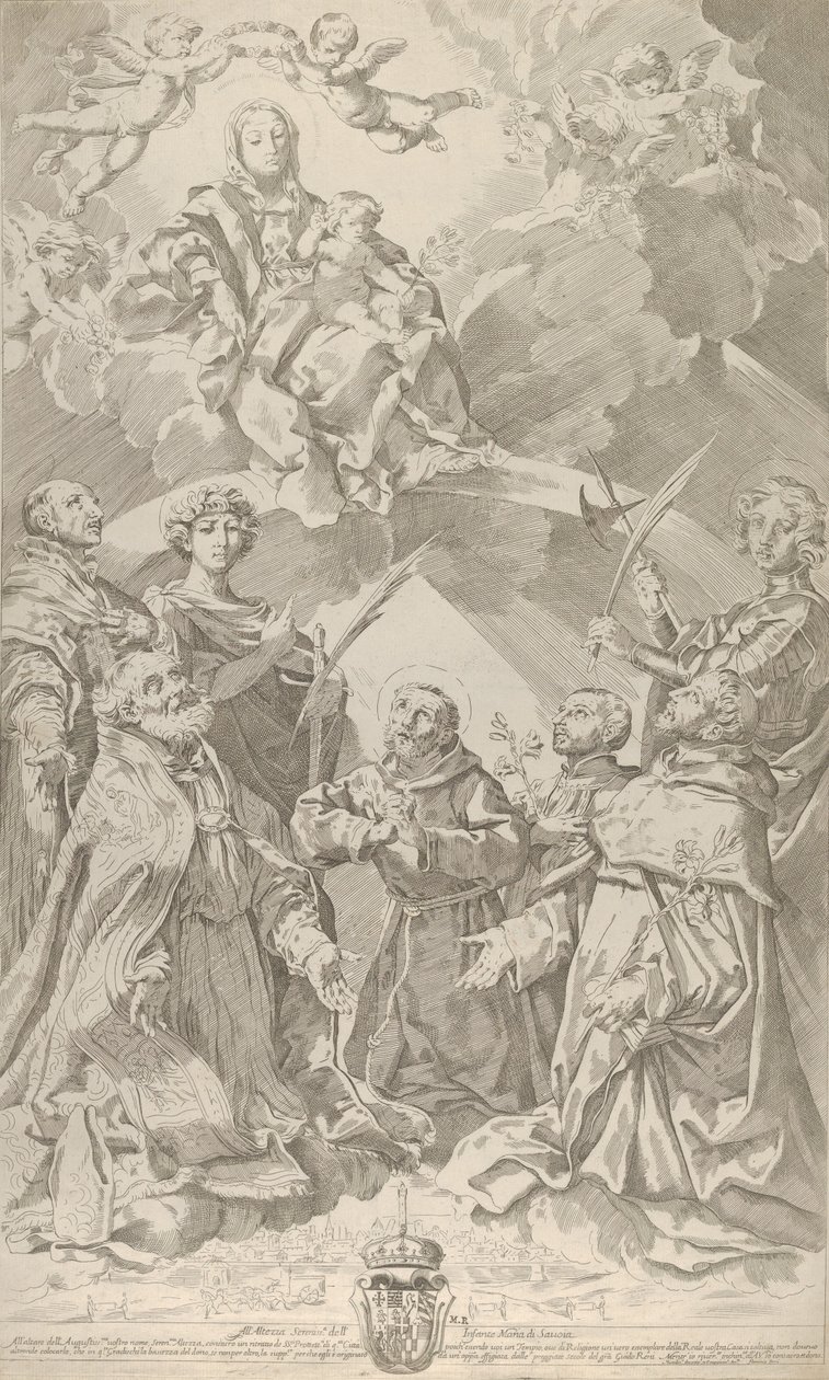 Patroonheiligen van Bologna kijken omhoog naar de Maagd die in de wolken zit, 1640-50 door Flaminio Torre