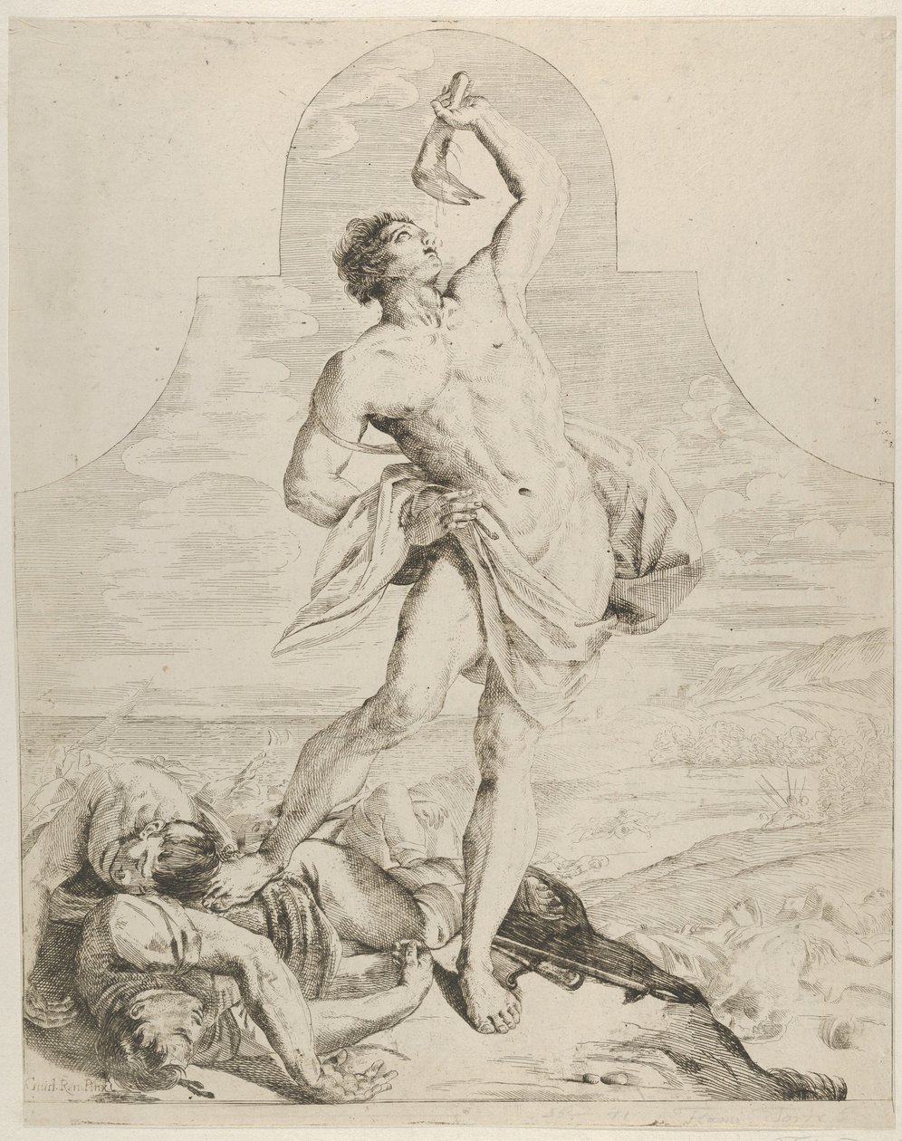 Simson die de kaak van een ezel boven zijn hoofd houdt en naast de Filistijnen staat, ca. 1640-60 door Flaminio Torre