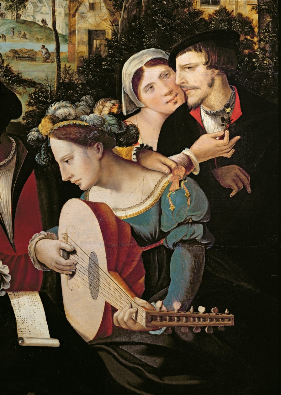 Scène Galante bij de Poorten van Parijs, detail van een paar en een luitspeler (detail) door Flemish School