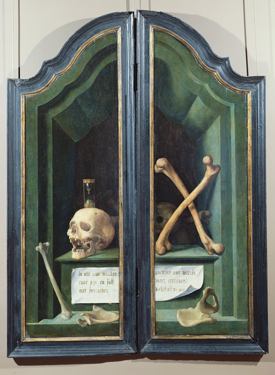Vanitas, keerzijde van twee panelen van een drieluik door Flemish School