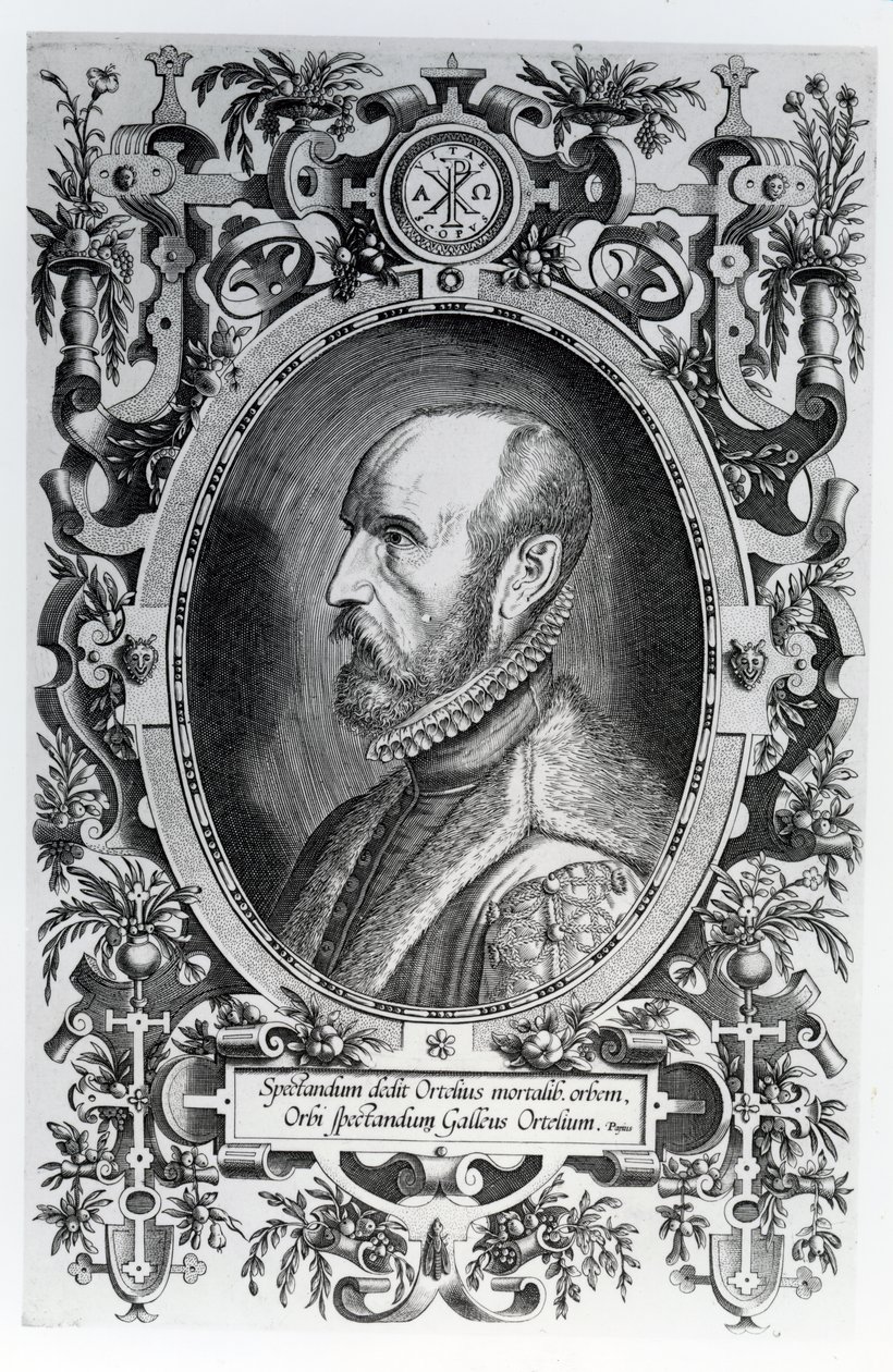 Abraham Ortelius, frontispice van zijn Theatrum Orbis Terrarum, 1579 door Flemish School
