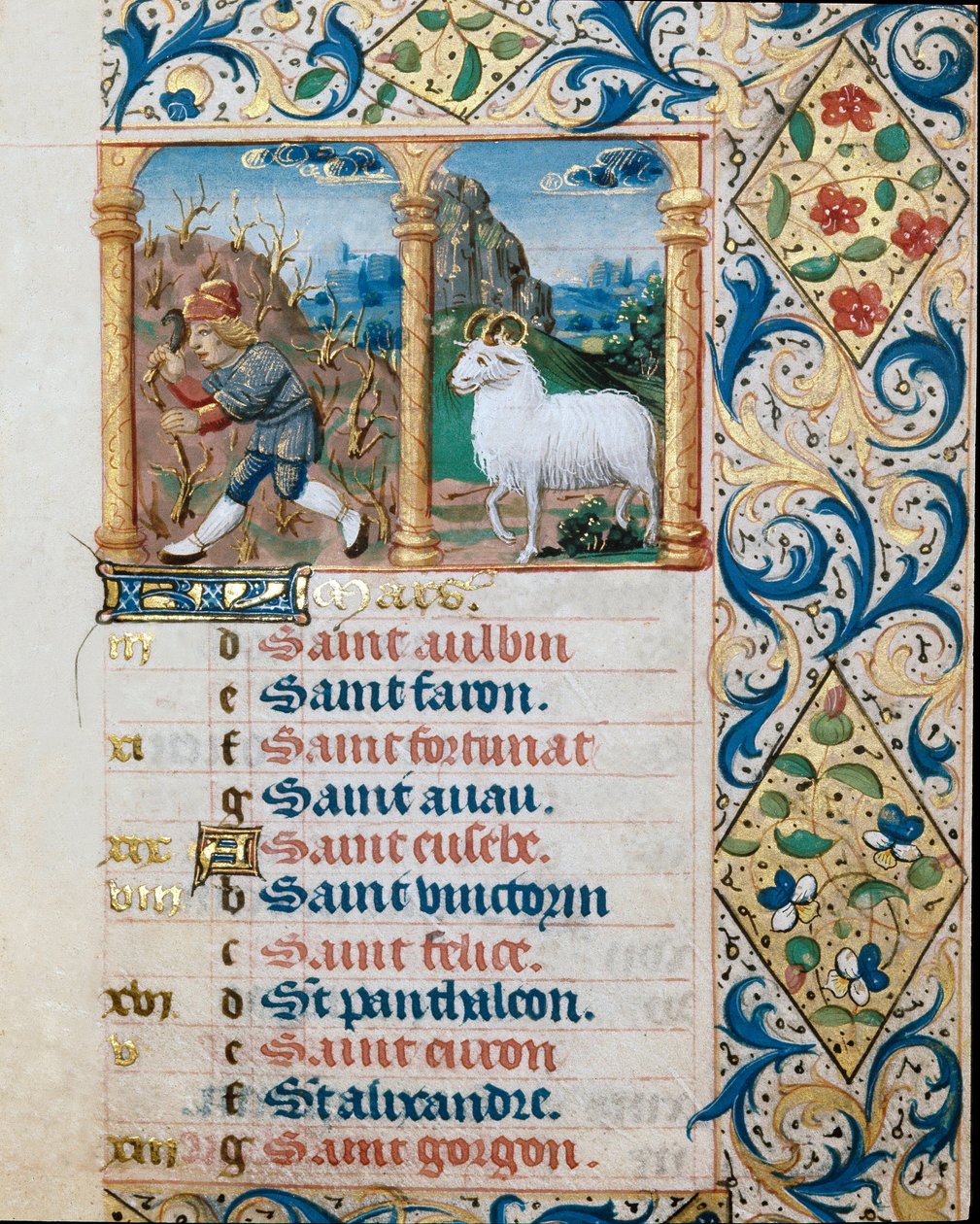 Kalender, de maand maart, een zaaiende boer en de ram. Pagina uit een getijdenboek ms. 47, verlucht door de Vlaamse school. 16e eeuw door Flemish School