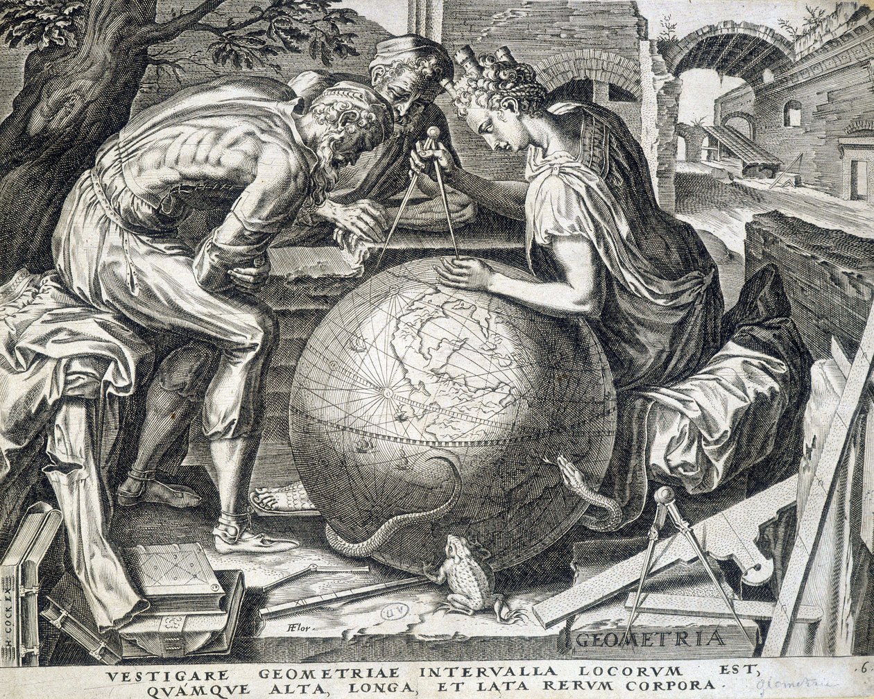 Personages leunend boven de wereldbol met passer (allegorie van geometrie) - gravure, Vlaanderen door Flemish School