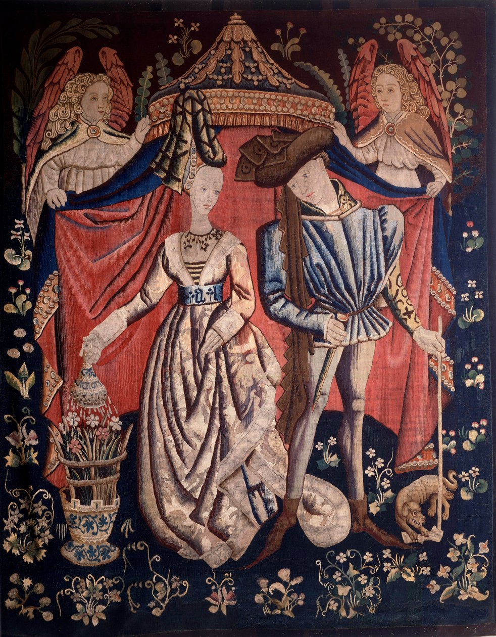 Karel van Orléans en Marie de Clèves onder een baldakijn - Wandtapijt gemaakt in de ateliers van Brussel door Flemish School