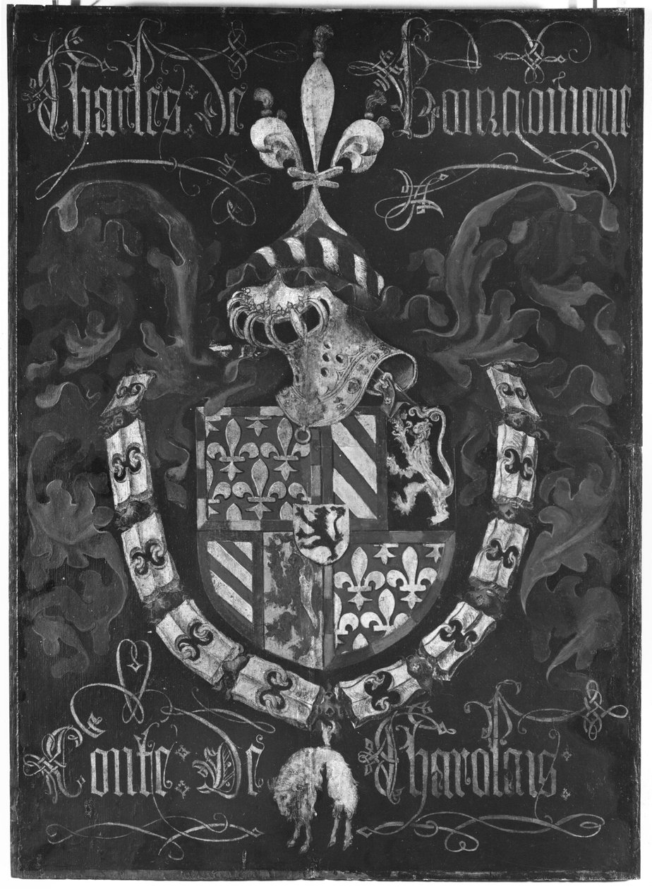 Wapen van Karel van Bourgondië (1433-77) Graaf van Charolais, 3e Hoofdstuk van de Orde van het Gulden Vlies, Dijon, 1433 door Flemish School