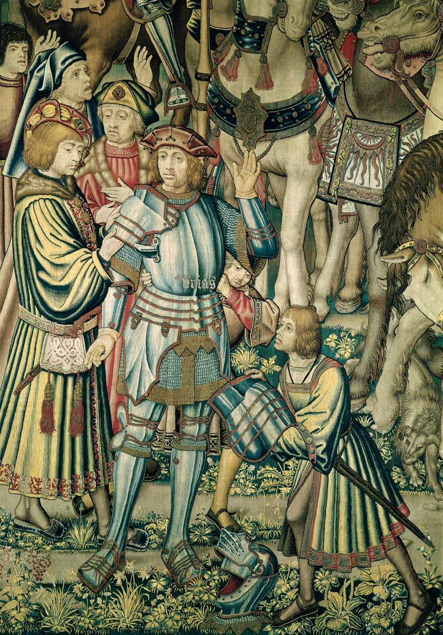 Detail van Uria de Hethiet die bewapend wordt uit Het Verzamelen van de Ruiters, van het tapijt van David en Bathseba, ca.1510-15 door Flemish School
